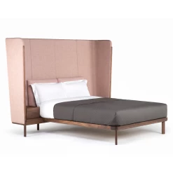 Dubois Bed Tall Headboard With Tables By Luca Nichetto -Home Furnishings Shop 110DuboisBedbyNichettoinwalnutwithClaraandCanvasfabric whitebkgrnd