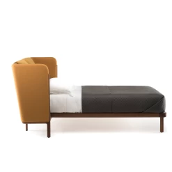 Dubois Bed Low Headboard With Tables By Luca Nichetto -Home Furnishings Shop 112LowDuboisBedbyNichettoinwalnutwithVidarandCanvasfabric side whitebkgrnd