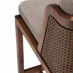 Throne Breakfast Stool With Rattan By Autoban -Home Furnishings Shop 272PThroneBreakfastBarStoolwithRattanbyAutobanforDeLaEspadainDanishoiledwalnutandPhlox243fabric detail4 whitebkgrnd