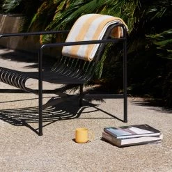 Palissade Lounge Chair Low By Hay -Home Furnishings Shop PalissadeLoungeChairLowanthracite FrotteStripewarmyellow BorosilicateMugjadeyellow