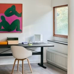 Passerelle Table Timber Tabletop By Hay -Home Furnishings Shop PasserelleTableL200xW85xH74blackwblacqueredoaktabletop frameandedgeblackpowdercoatedcrossbar AAC222melangecreamshellwblacqueroakbase