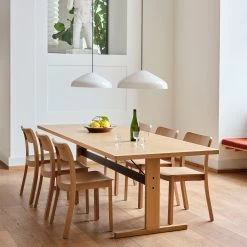 Pastis Chair By Julien Renault For Hay -Home Furnishings Shop PastisChairwblacqueredoak PasserelleTableL300xW95xH74wblacqueredoakframeandedge inkblackpowdercoatedcrossbar PaoGlassPendant450creamwhite