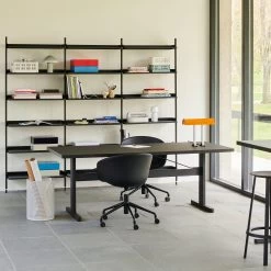 Pier System Combination 103 - 3 Columns By Hay -Home Furnishings Shop PierSystem103PSblackpowdercoatedsteelblackanodisedprofiles AnagramTableLampcharredorange Passerelleblacklinoleumtabletopinkblackcrossbarblackoak