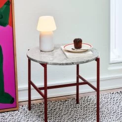 Rebar Side Table Round By Hay -Home Furnishings Shop RebarSideTableO45xH40.5greymarbletabletopbarnredpowdercoatedsteel BraidedRug140x200grey ApolloPortablewhite